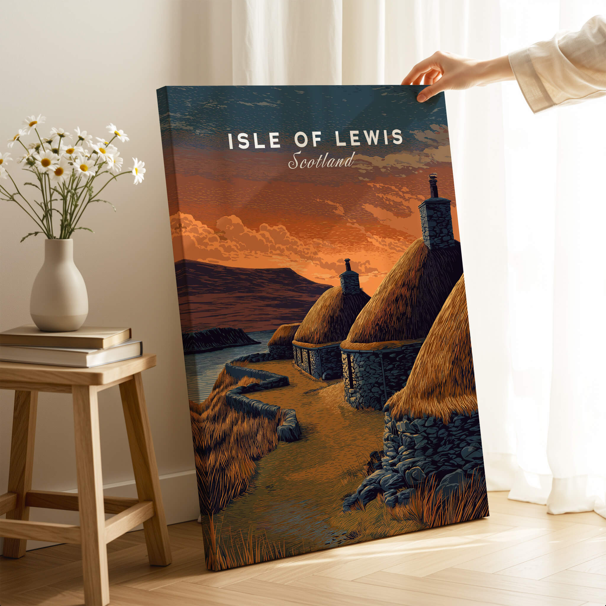 Isle of Lewis Scotland Travel Poster | Blackhouse Village Wall Art Print showcasing traditional Scottish architecture.