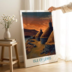 Isle of Lewis Scotland Canvas Print | Outer Hebrides Norse Mill Poster showcasing thatched cottages at sunset.