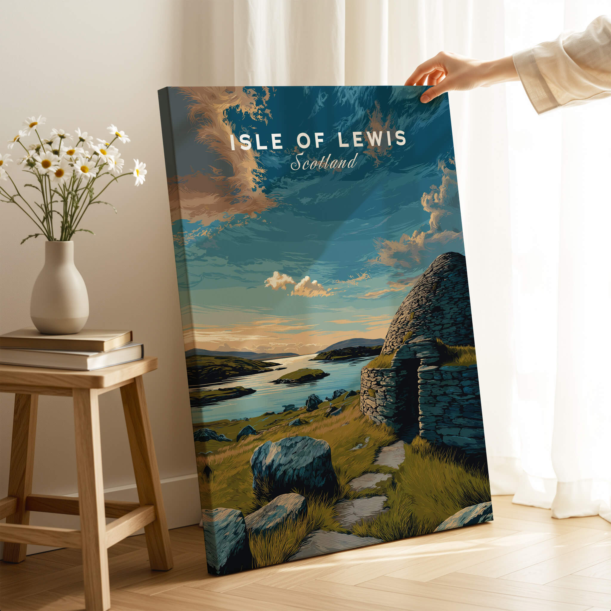 Isle of Lewis Scotland Travel Poster | Gearrannan Blackhouse Wall Art Print featuring a scenic landscape.