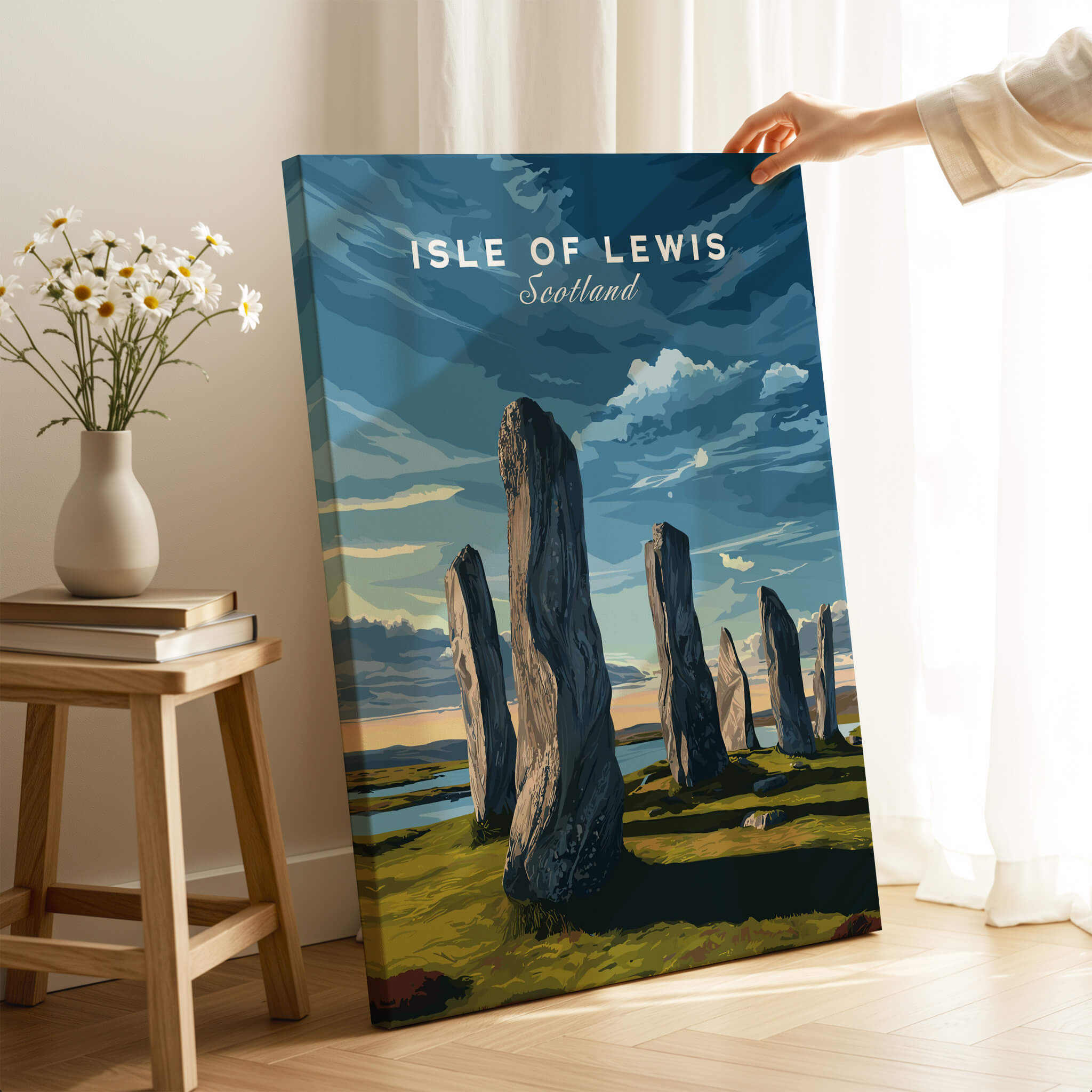 Isle of Lewis Scotland Wall Art Print | Callanish Standing Stones Travel Poster displayed in a cozy interior setting.