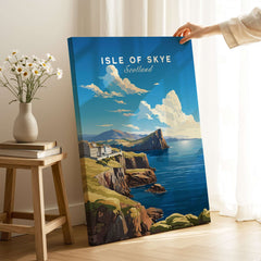 Isle of Skye Poster showcasing stunning landscapes of Scotland's Isle of Skye with vibrant colors and dramatic skies.