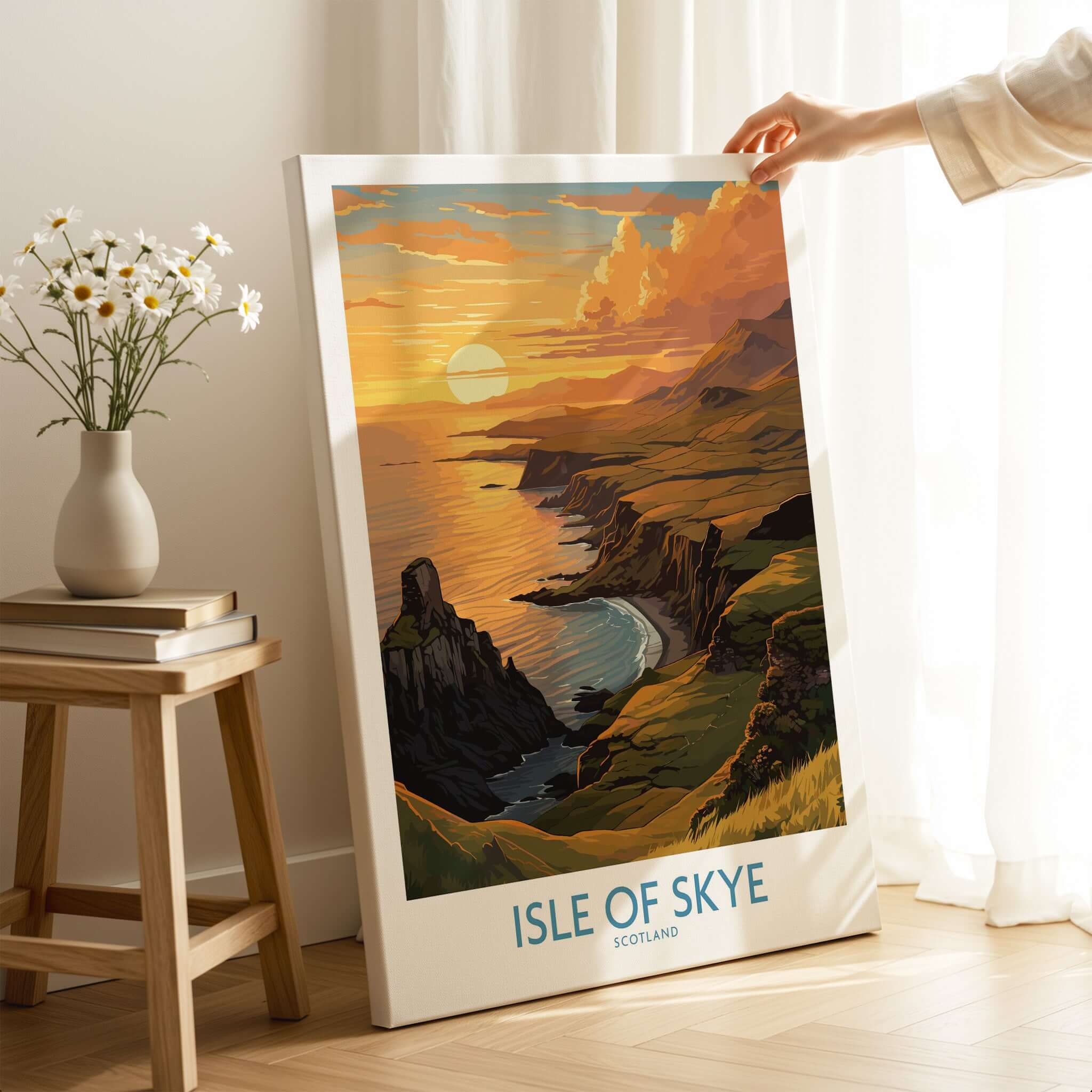 Isle of Skye Wall Art Print depicting a serene sunset over the coastline of the Isle of Skye in Scotland.