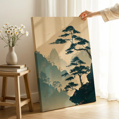 Hand holding Japanese woodblock canvas print with misty mountain landscape, home decor