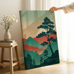 Hand holding Japanese woodblock canvas print with pine tree and mountain in modern room