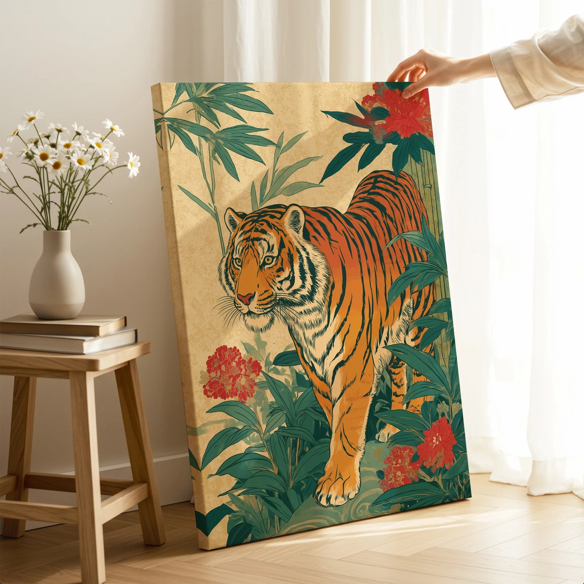 Japanese tiger wall art print with floral and bamboo design in a modern room setting