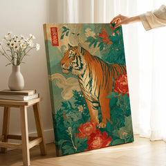 Hand holding Japanese tiger art canvas print with floral design in modern home decor setting