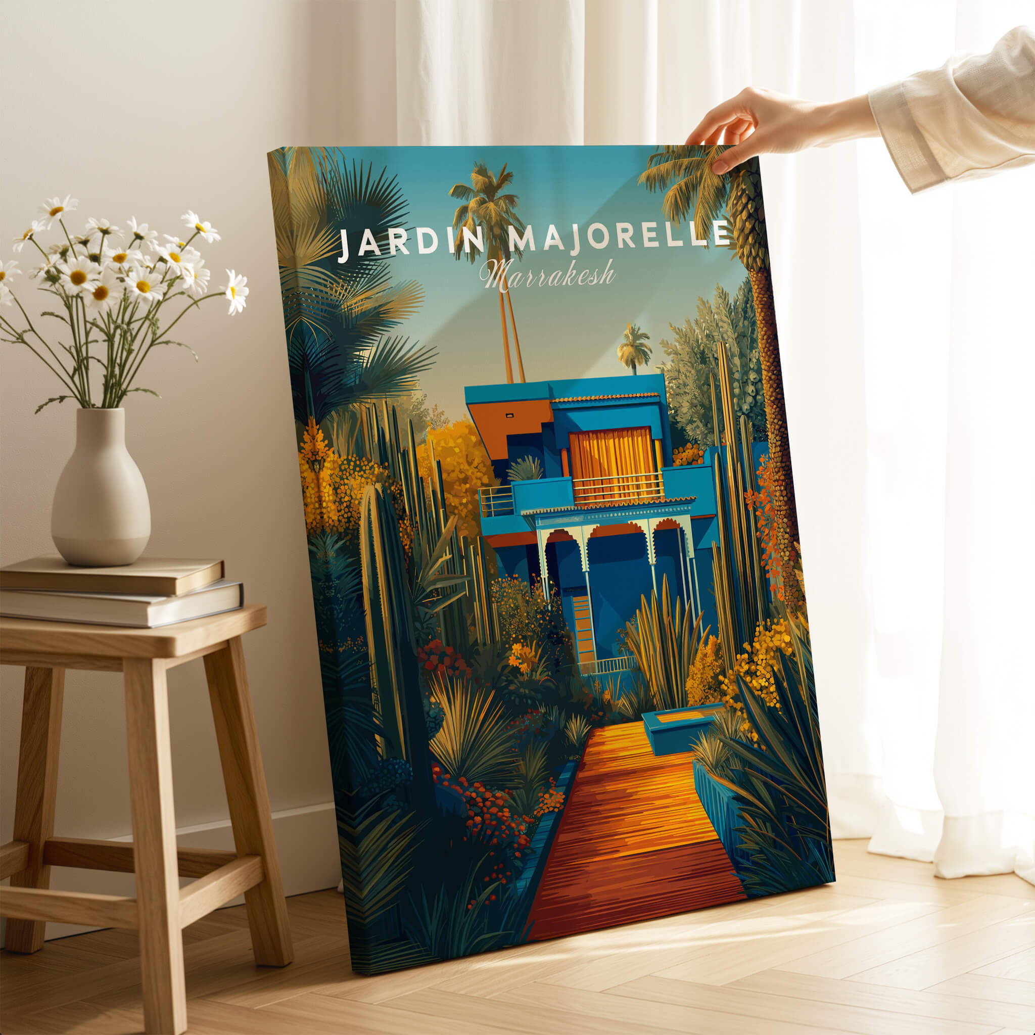 Jardim Majorelle Marrakesh Wall Art Print | Moroccan Blue Garden Travel Posters showcasing vibrant plant life and cobalt architecture.