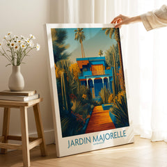 Jardim Majorelle Marrakesh Posters | Vibrant Architecture & Palms Canvas Print in a stylish living room setting.