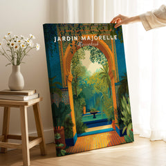 Jardim Majorelle Marrakesh Travel Posters | Moroccan Archway Garden Wall Art Print featuring a vibrant archway scene.