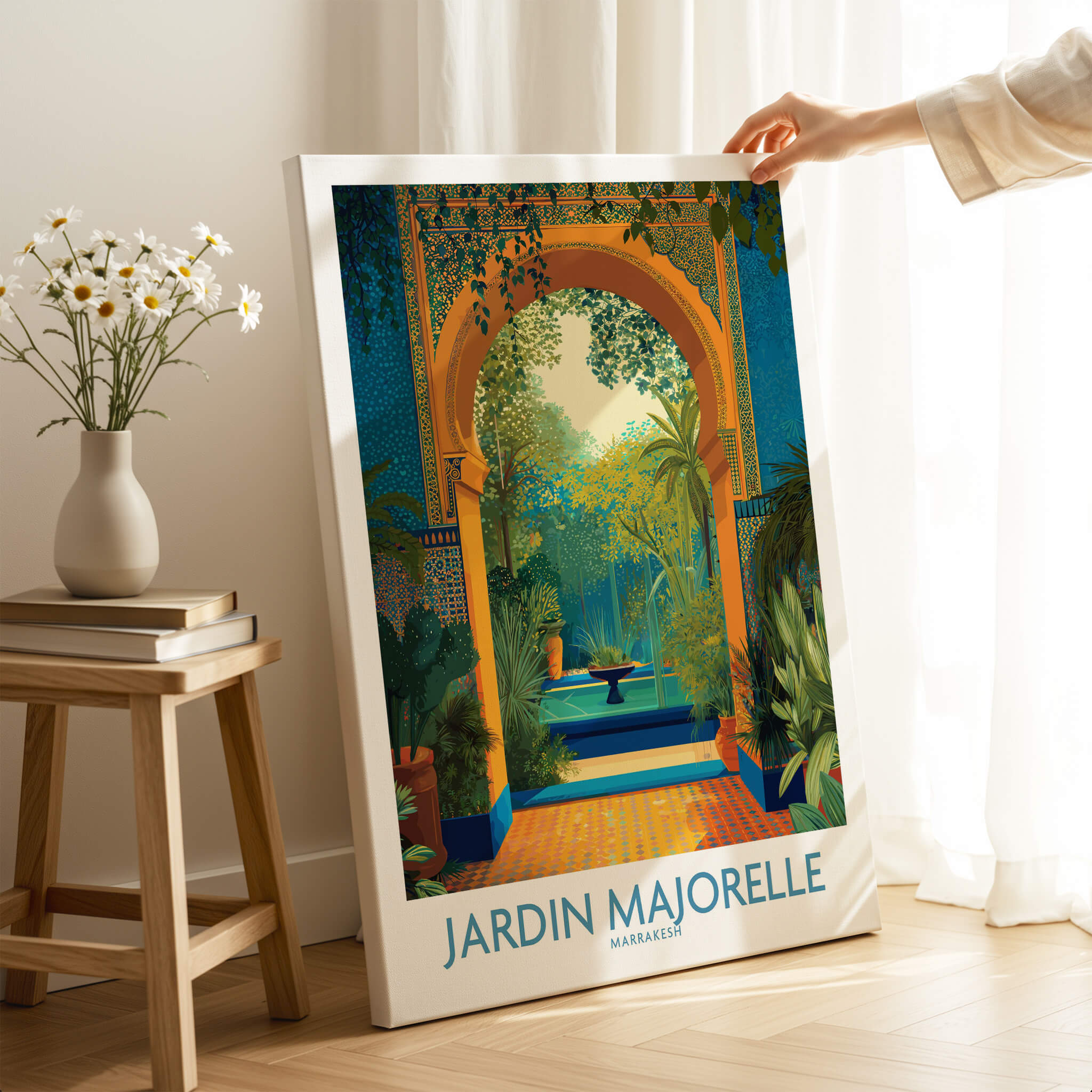 Jardim Majorelle Marrakesh Canvas Print | Tropical Oasis Landscape Poster displayed in a bright room with a floral arrangement.