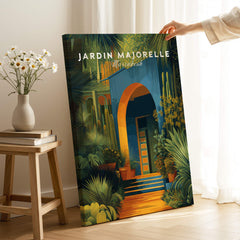 Jardim Majorelle Marrakesh Wall Art Print | Botanical Moroccan Villa Travel Poster featuring lush gardens and vibrant architecture.