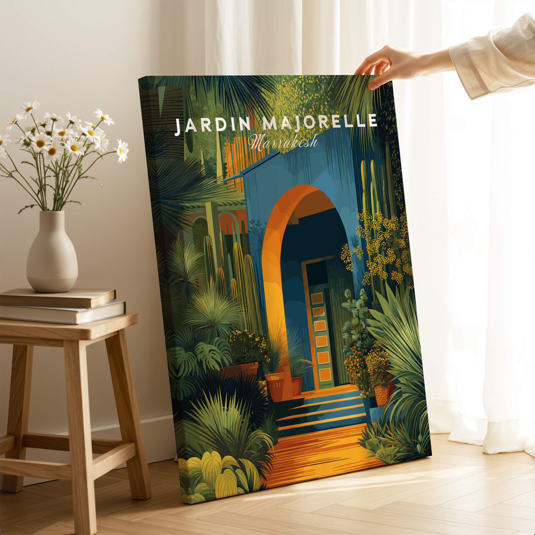 Jardim Majorelle Marrakesh Wall Art Print | Botanical Moroccan Villa Travel Poster featuring lush gardens and vibrant architecture.