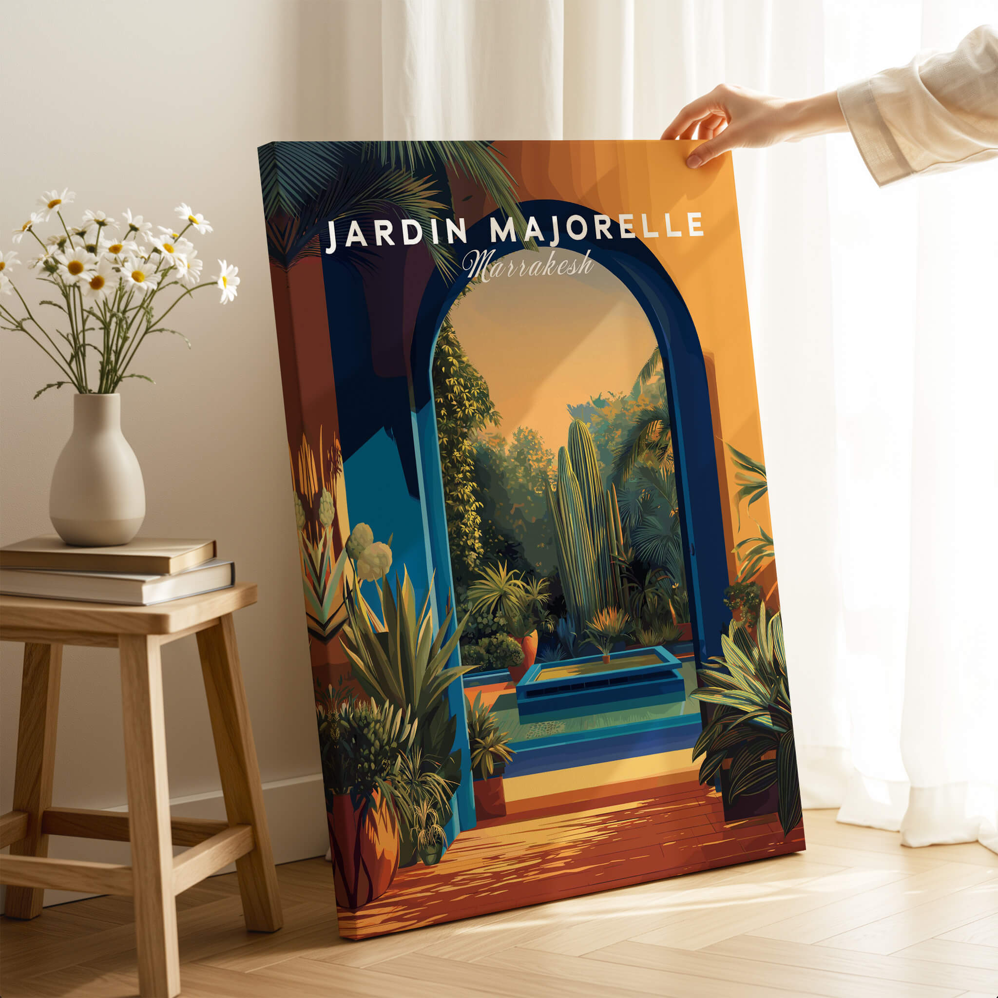 Jardim Majorelle Marrakesh Travel Posters | Garden Fountain Scene Wall Art Print featuring a vibrant garden scene.