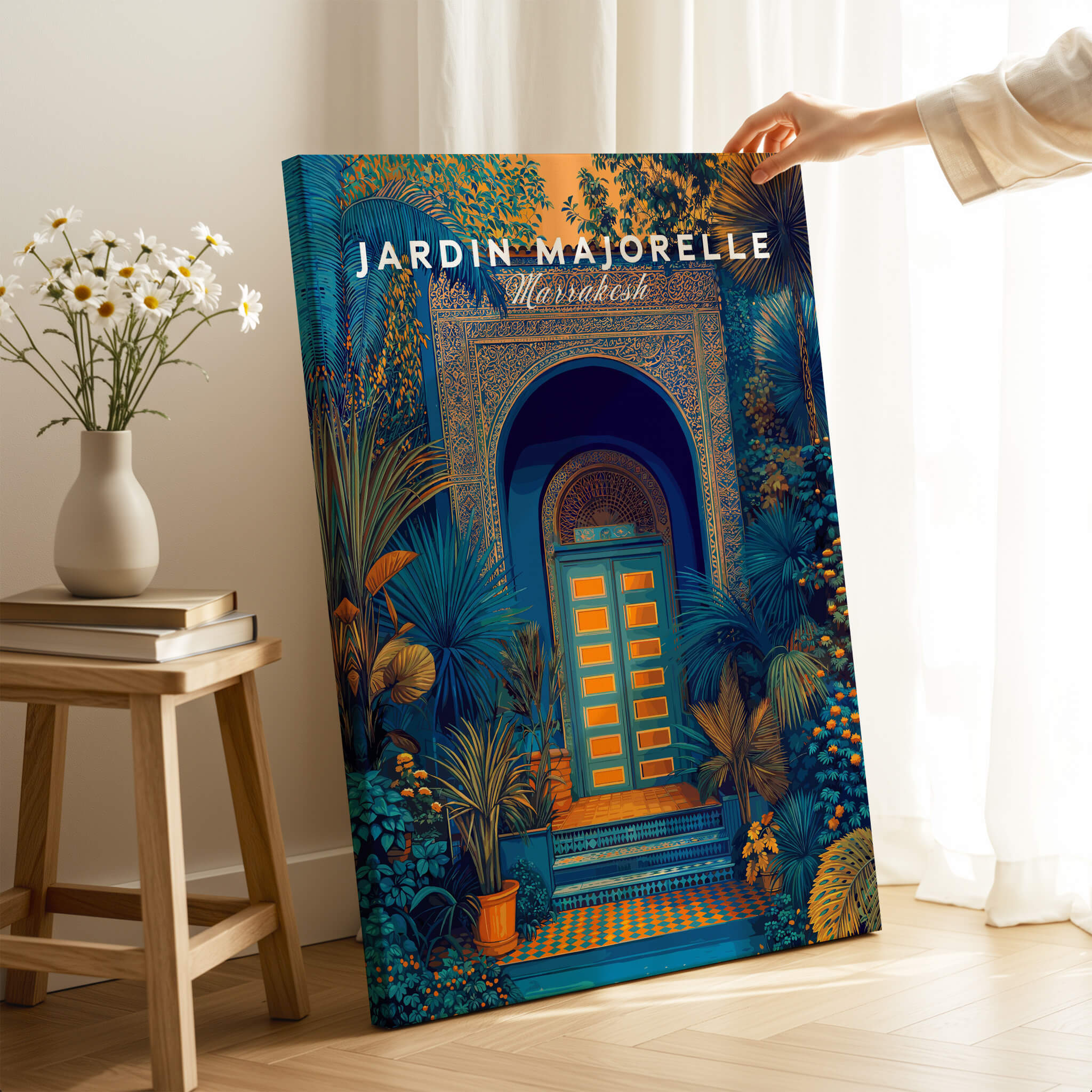 Jardim Majorelle Marrakesh Wall Art Print | Ornate Moroccan Doorway Travel Posters showcasing intricate doorways and lush gardens.