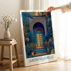 Jardim Majorelle Marrakesh Posters | Detailed Blue Architecture Canvas Print featuring vibrant doors and lush greenery.