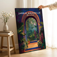 Jardim Majorelle Marrakesh Travel Poster | Lush Tropical Garden Wall Art Print featuring vibrant botanical archway.
