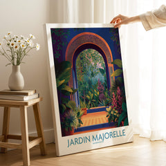 Jardim Majorelle Marrakesh Canvas Print | Colorful Moroccan Landscape Poster displayed in a bright room with plants.