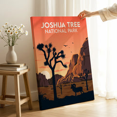 Joshua Tree National Park canvas wall art with desert sunset, mountains, and wildlife in modern room