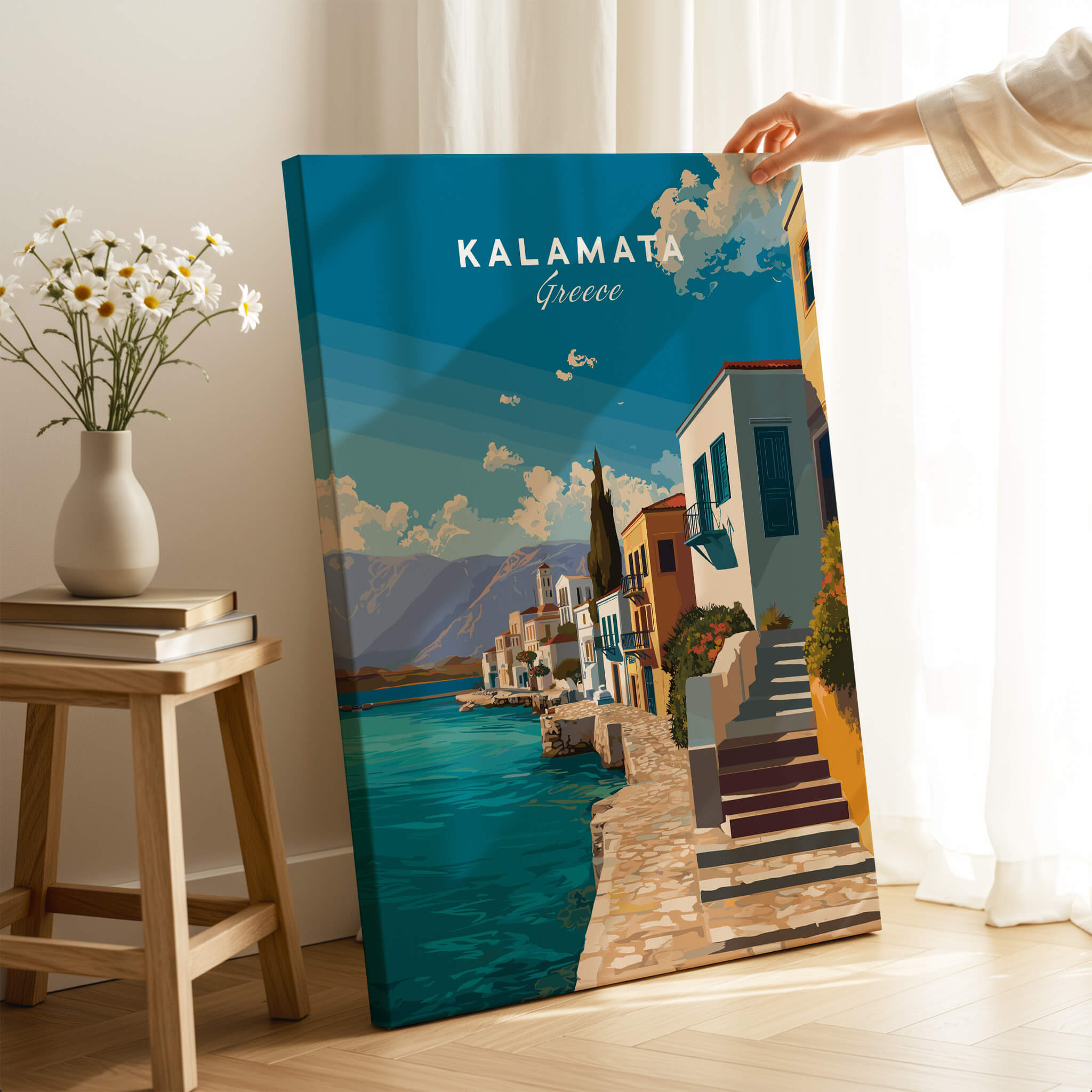 Kalamata Greece Wall Art Print | Mediterranean Seaside Town Travel Poster displayed in a bright interior.