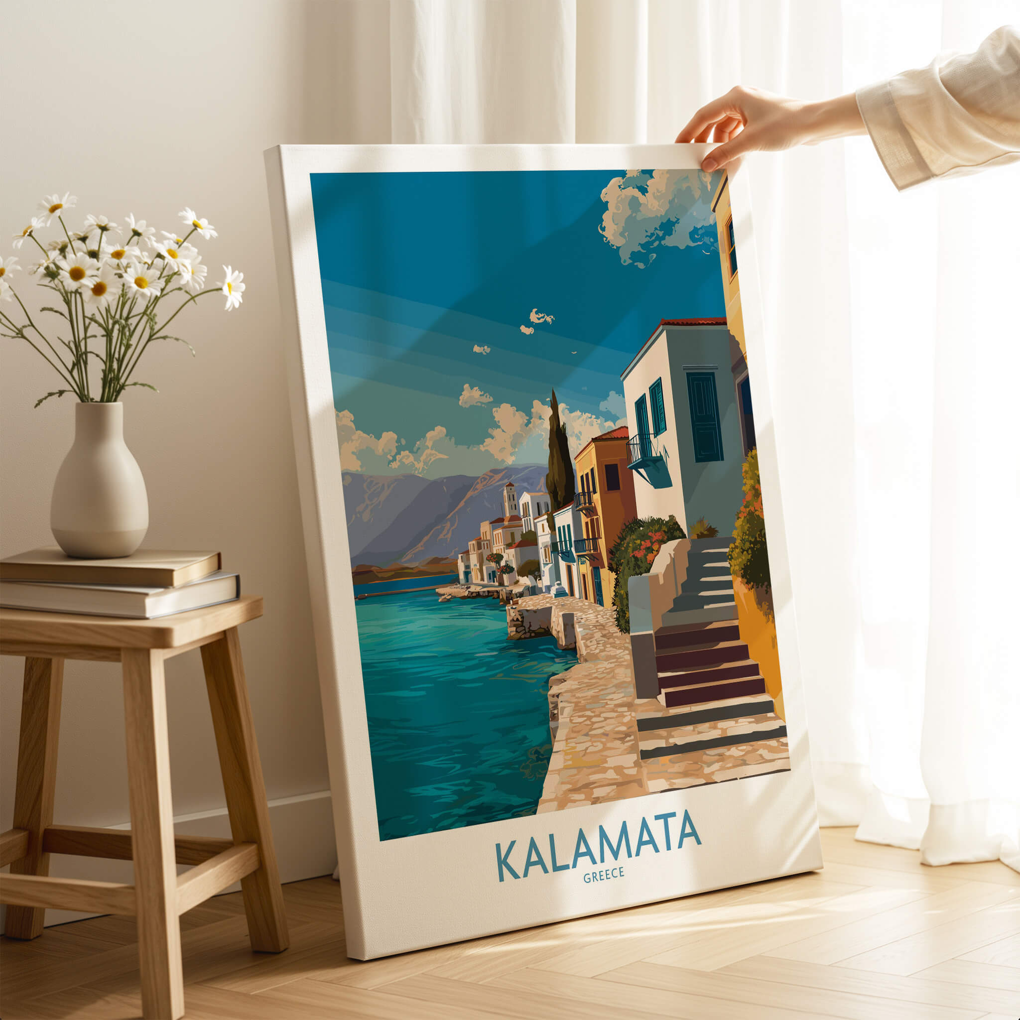 Kalamata Greece Poster | Greek Coastal Canvas Print showcasing vibrant coastal landscape and traditional architecture.