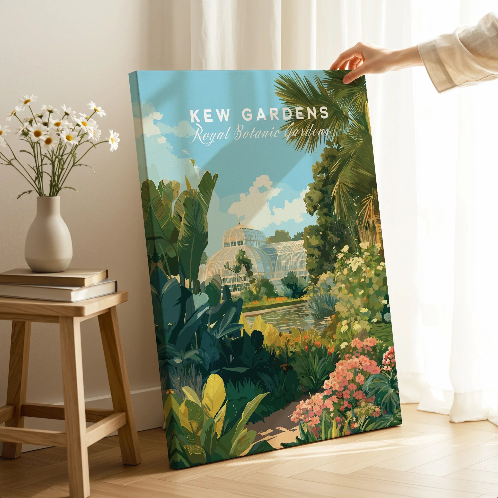 Hand holding Kew Gardens botanical print in bright room, modern travel poster wall art