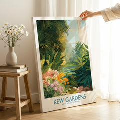 Botanical wall art print of Kew Gardens with lush greenery and flowers in a bright room
