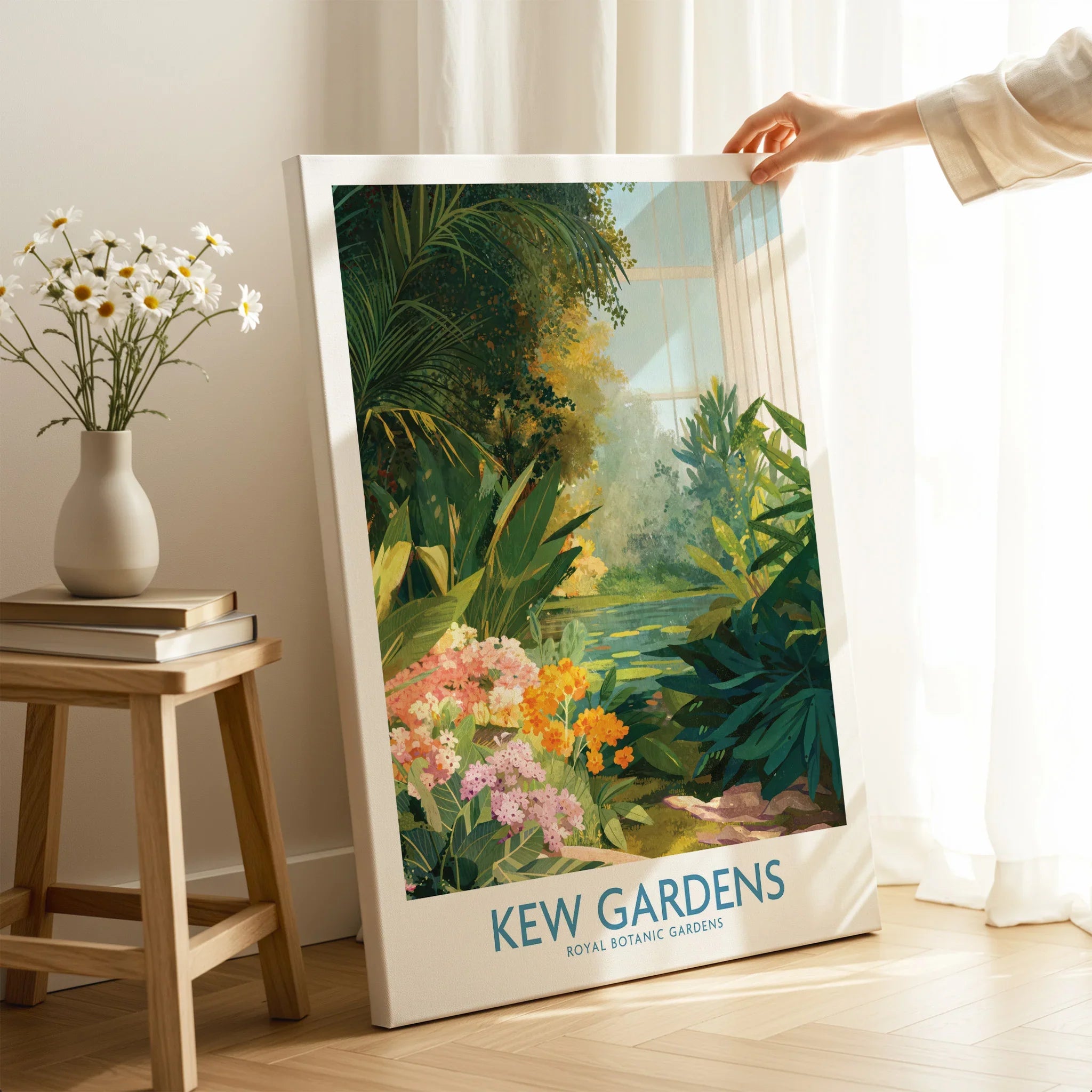 Botanical wall art print of Kew Gardens with lush greenery and flowers in a bright room
