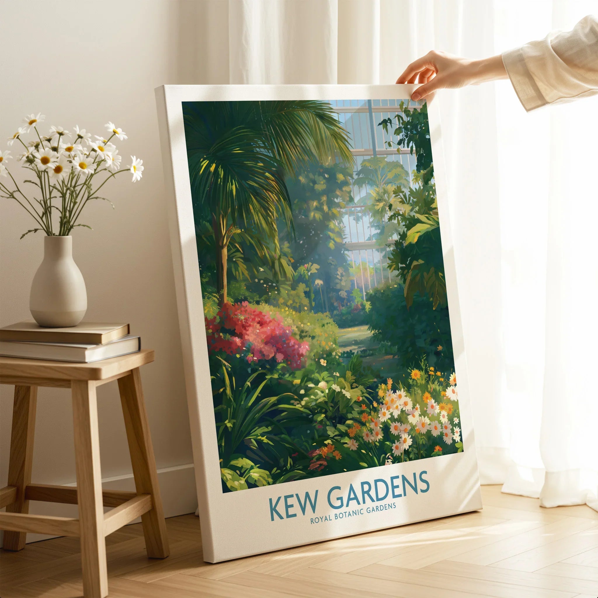 Kew Gardens travel poster canvas print with lush greenery, held in sunlit room