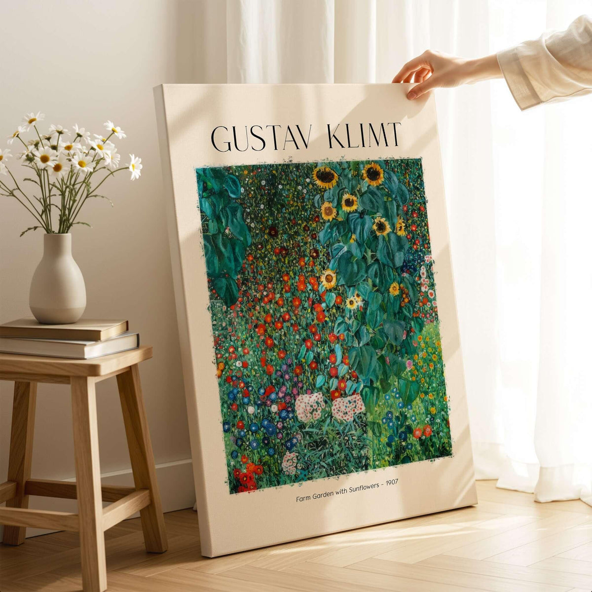 Gustav Klimt Art Print - Farm Garden with Sunflowers 1907 - Art Nouveau Landscape Poster Wall Decor displayed in a cozy setting.
