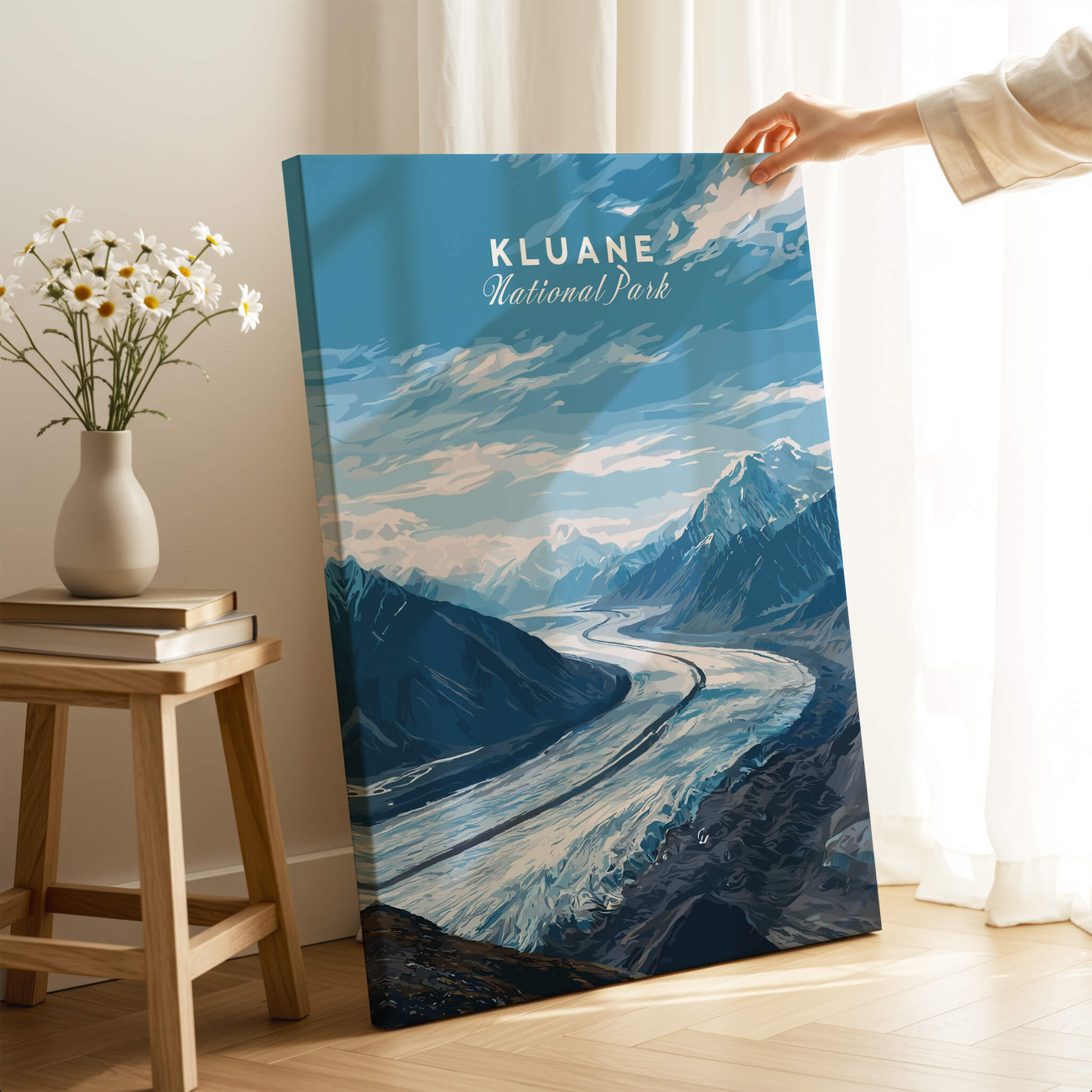 Kluane Wall Art Print National Park Canada | Yukon Glacier Landscape Travel Poster showcased in a bright room with flowers.