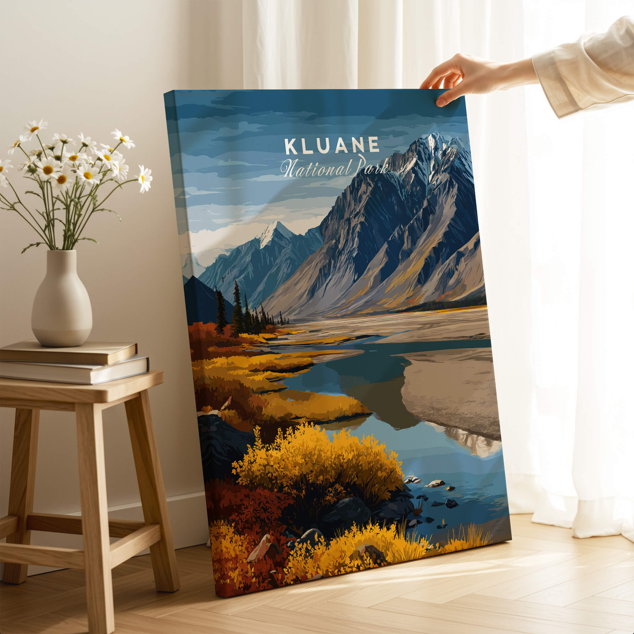 Kluane Travel Poster National Park Canada | Yukon Valley Wall Art Print showcasing autumn colors in a mountainous landscape.