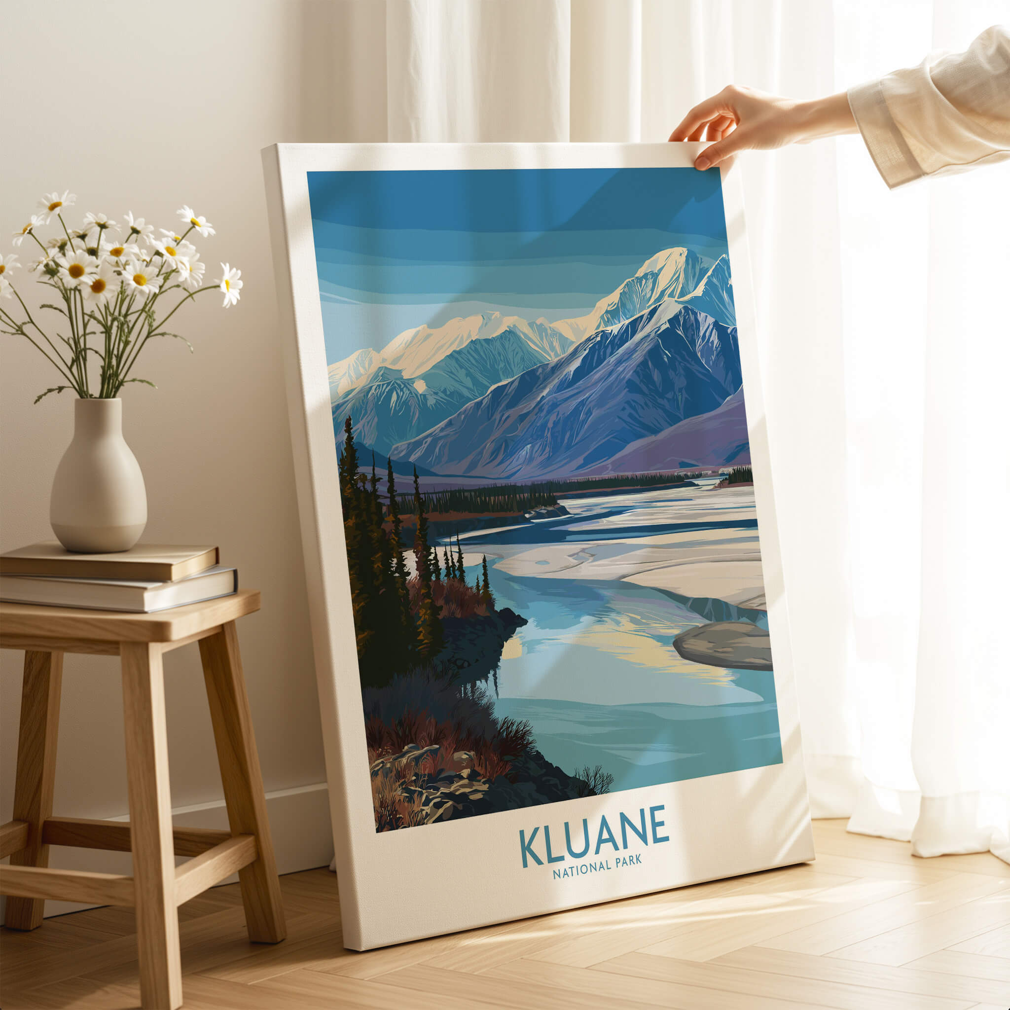 Kluane National Park Canada Poster | Blue Glacier Water Landscape Canvas Print displayed indoors with mountains and lake scenery.