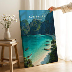 Koh Phi Phi Thailand Travel Poster | Maya Bay Tropical Beach Wall Art Print depicting picturesque coastal scenery.