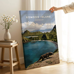 Komodo Island travel poster canvas print with Komodo dragon, hand holding in modern room
