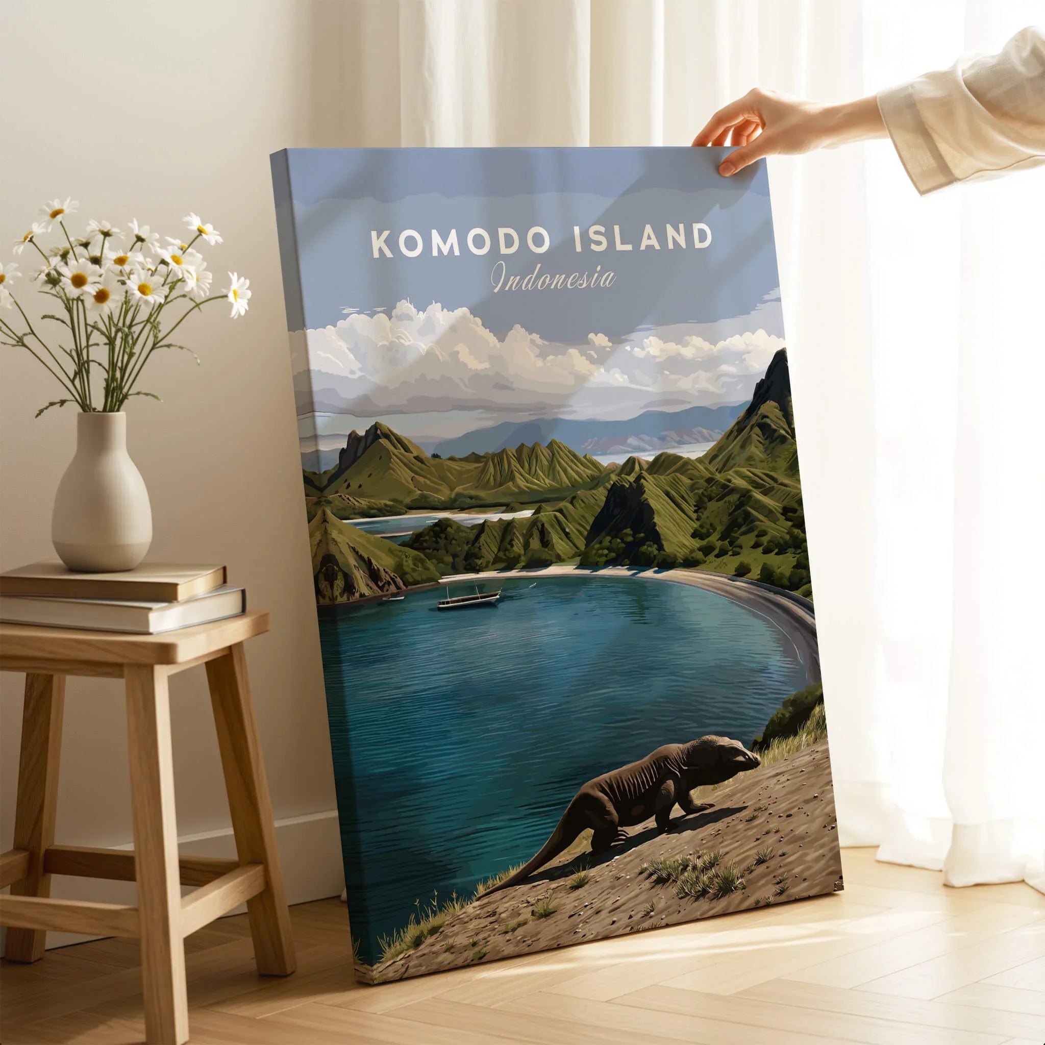 Komodo Island travel poster canvas print with Komodo dragon, hand holding in modern room