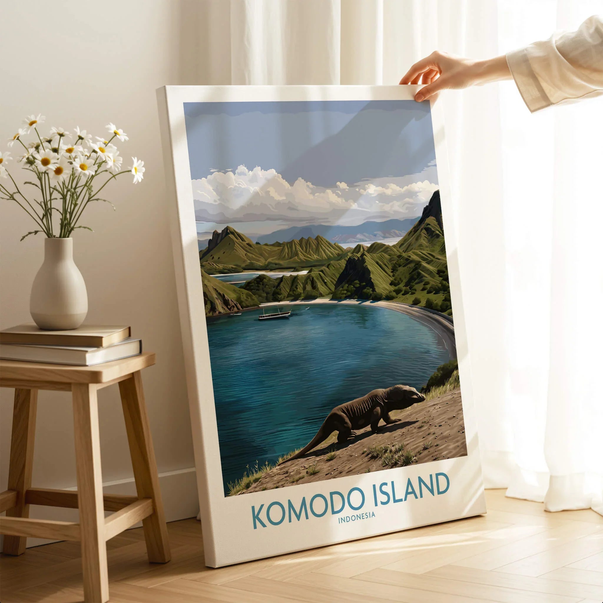 Komodo Island travel poster canvas print in modern room, hand holding art, scenic wall decor