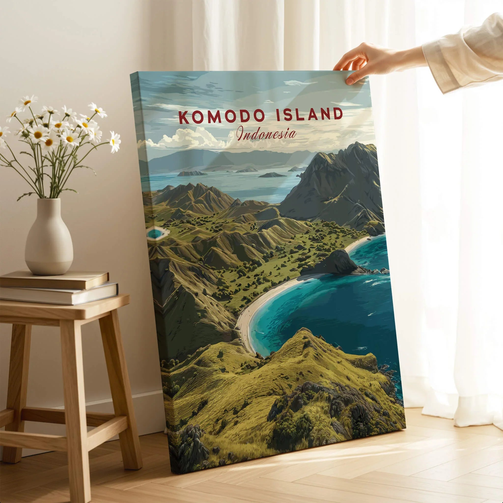 Komodo Island Indonesia travel poster canvas print in a bright modern room setting