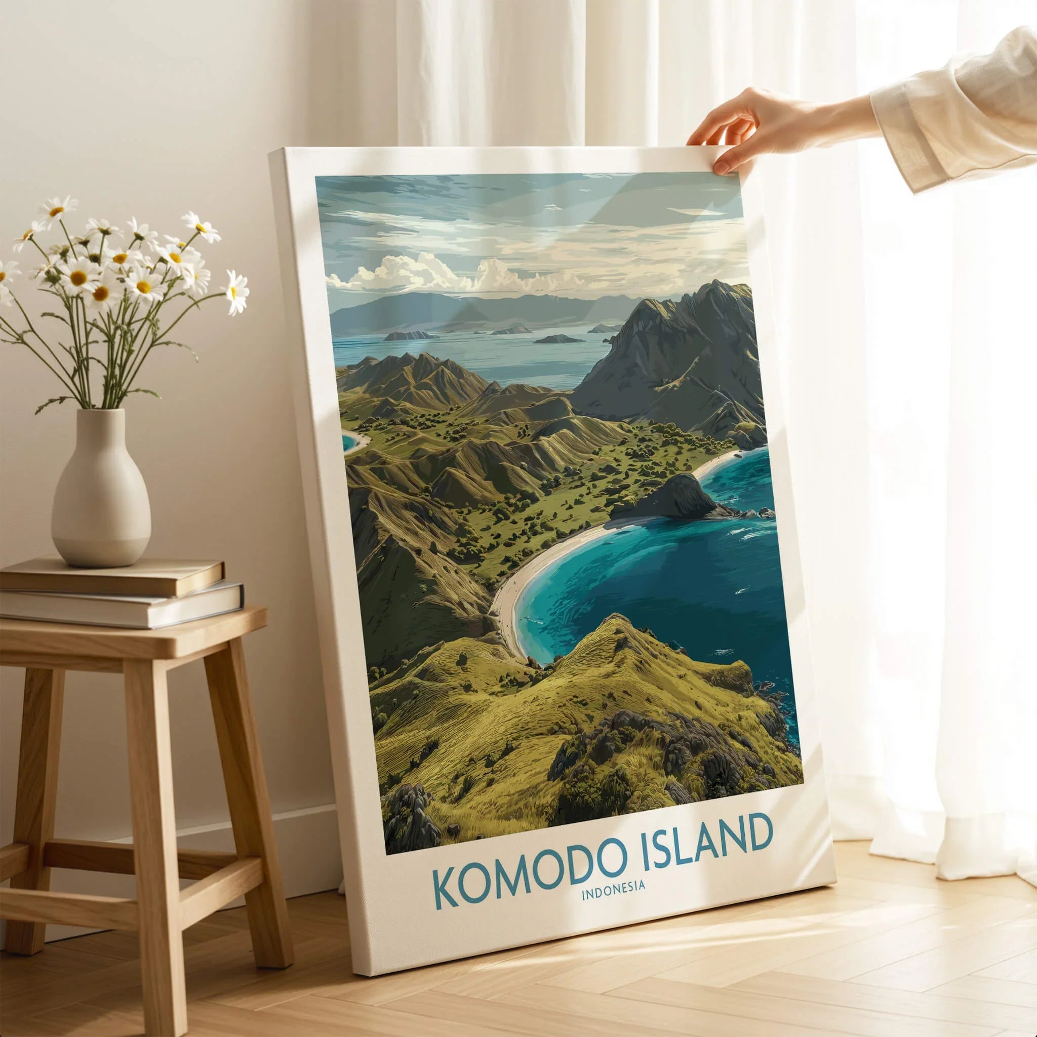 Komodo Island travel poster canvas print with coastal landscape, displayed in a sunlit room
