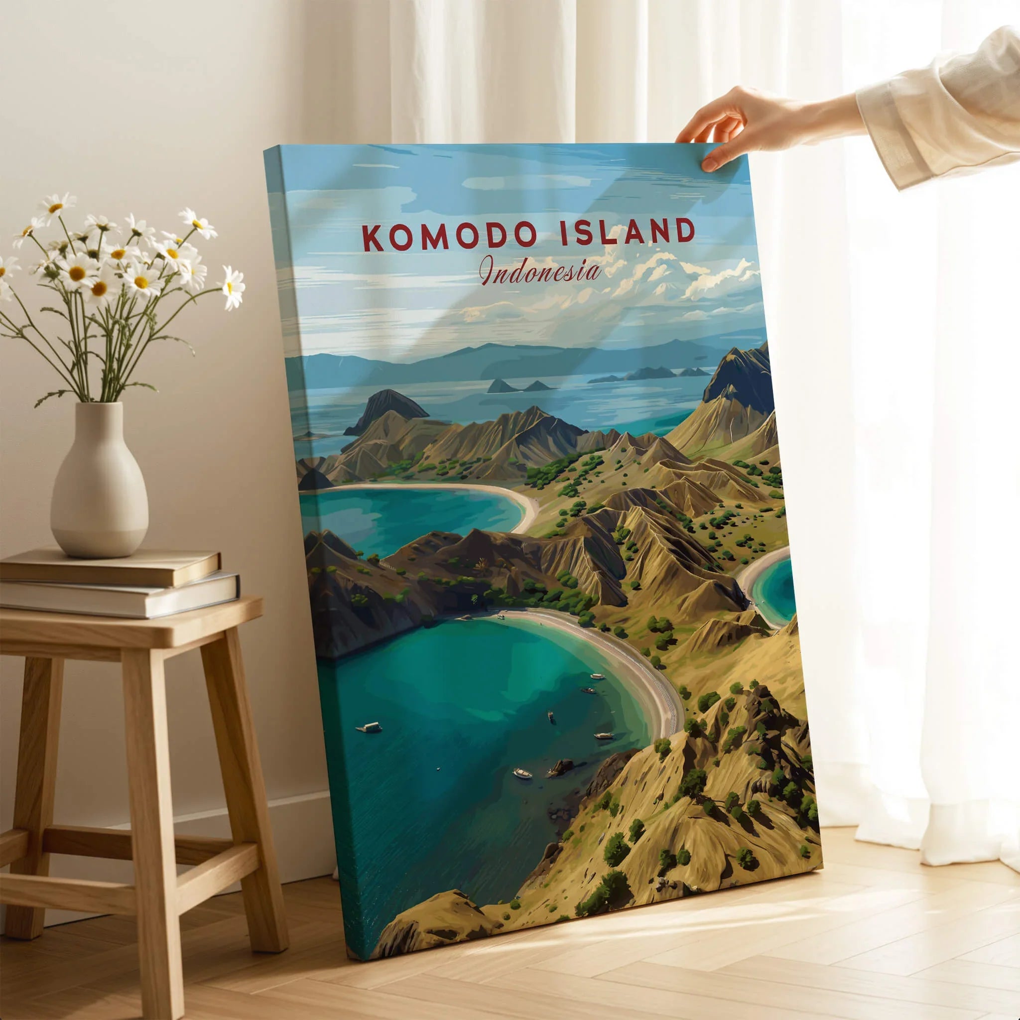 Komodo Island Indonesia travel poster print with hand holding canvas in modern home decor setting