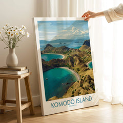 Komodo Island travel poster canvas print in modern room setting with hand holding art