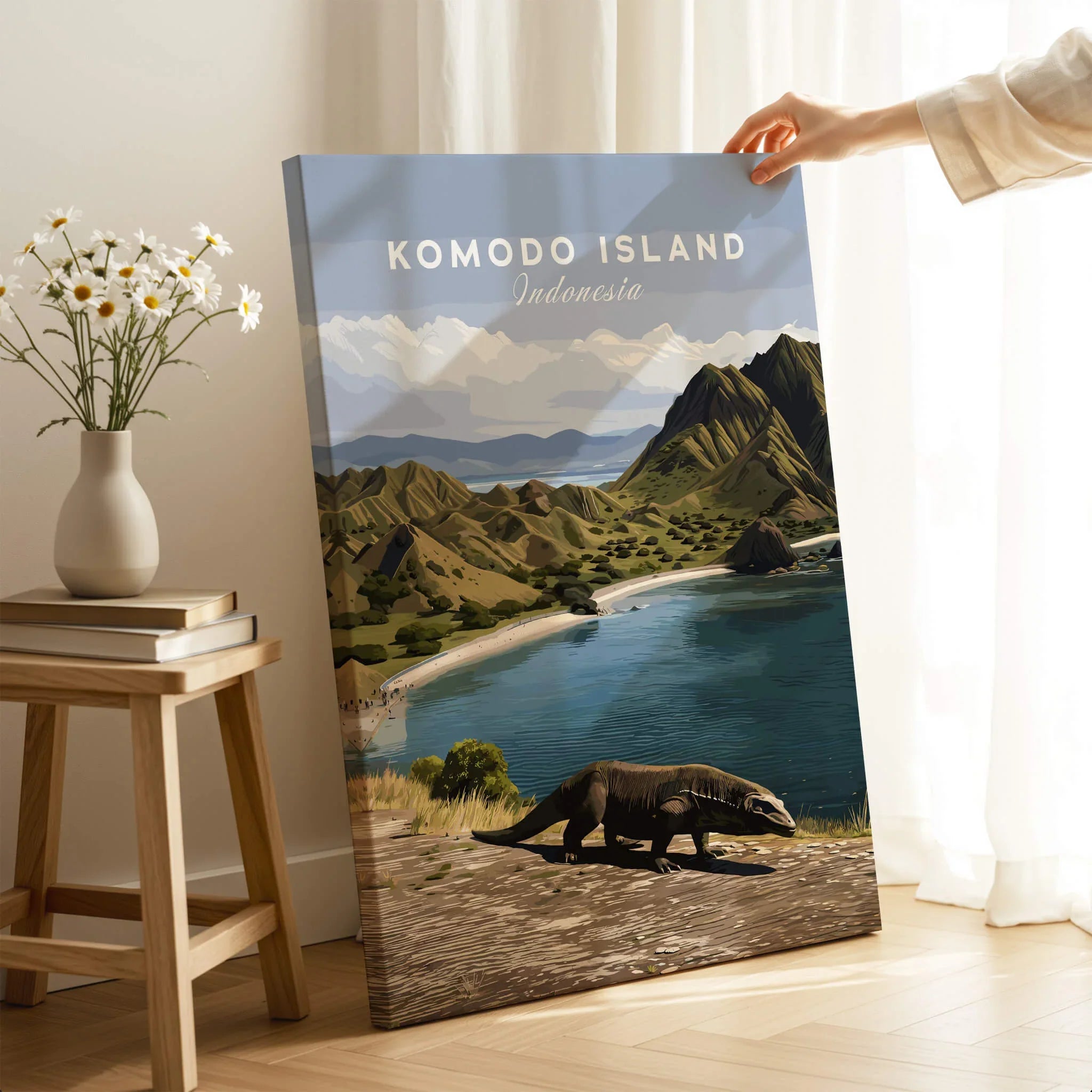 Komodo Island travel poster canvas print with Komodo dragon, held in modern living room