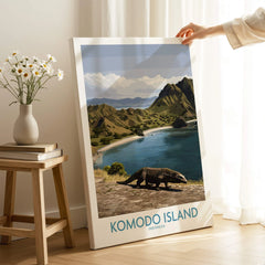 Komodo Island travel poster print with landscape and Komodo dragon, held in modern room.