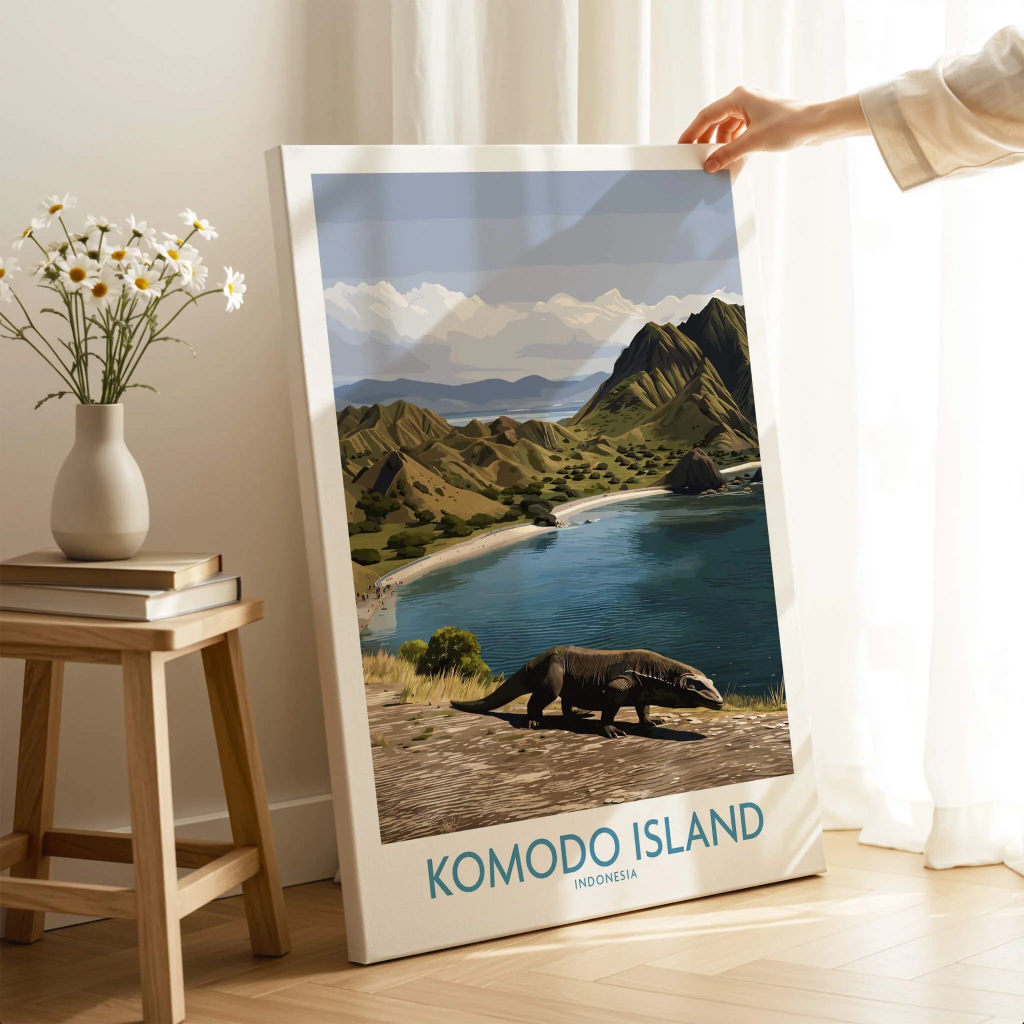 Komodo Island travel poster print with landscape and Komodo dragon, held in modern room.