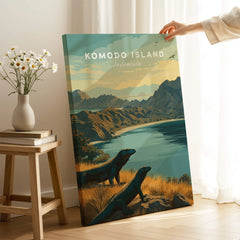 Komodo Island travel poster canvas with Komodo dragons, mountains, and water in cozy room setting