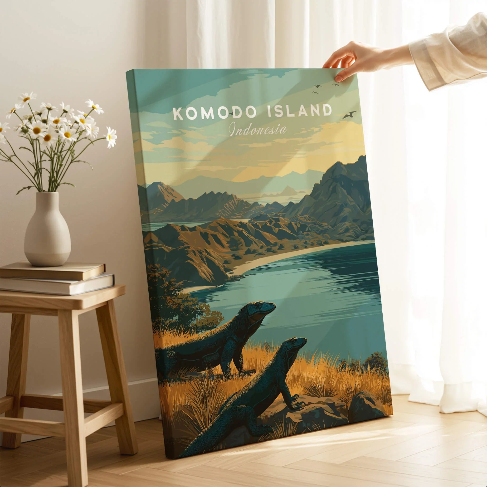 Komodo Island travel poster canvas with Komodo dragons, mountains, and water in cozy room setting