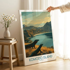 Komodo Island travel poster canvas print with Komodo dragons in scenic landscape, home decor