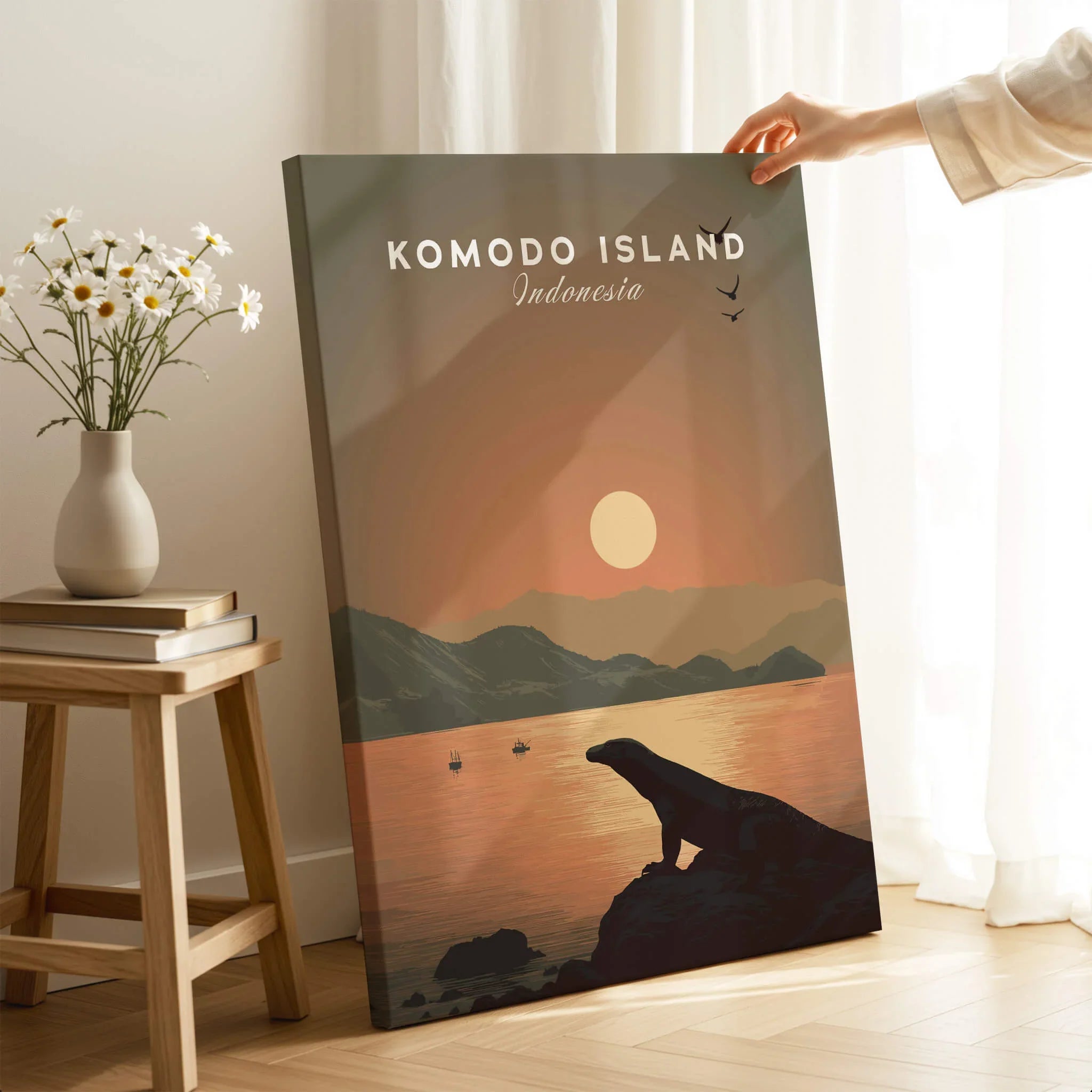 Komodo Island travel poster print with sunset, dragon silhouette, and serene home decor setting