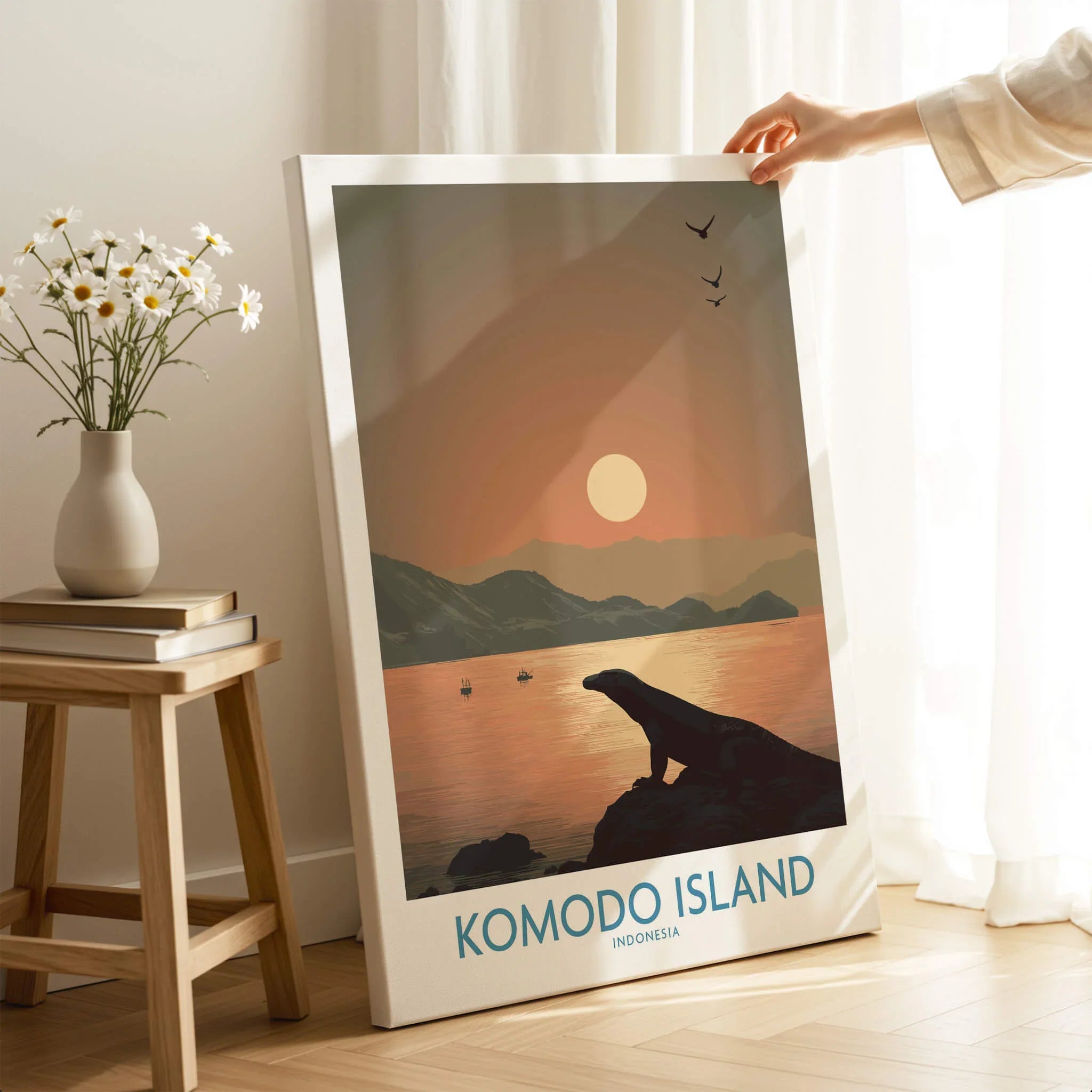 Komodo Island travel poster canvas print with sunset and Komodo dragon, hand holding in cozy room