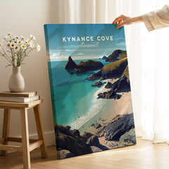 Kynance Cove Cornwall Wall Art Print | British Coastline Landscape Travel Poster showcasing turquoise waters and cliffs.
