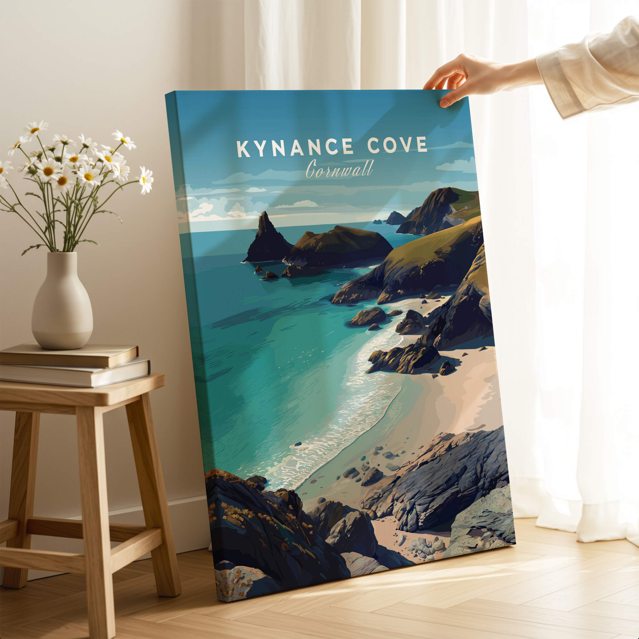 Kynance Cove Cornwall Wall Art Print | British Coastline Landscape Travel Poster showcasing turquoise waters and cliffs.